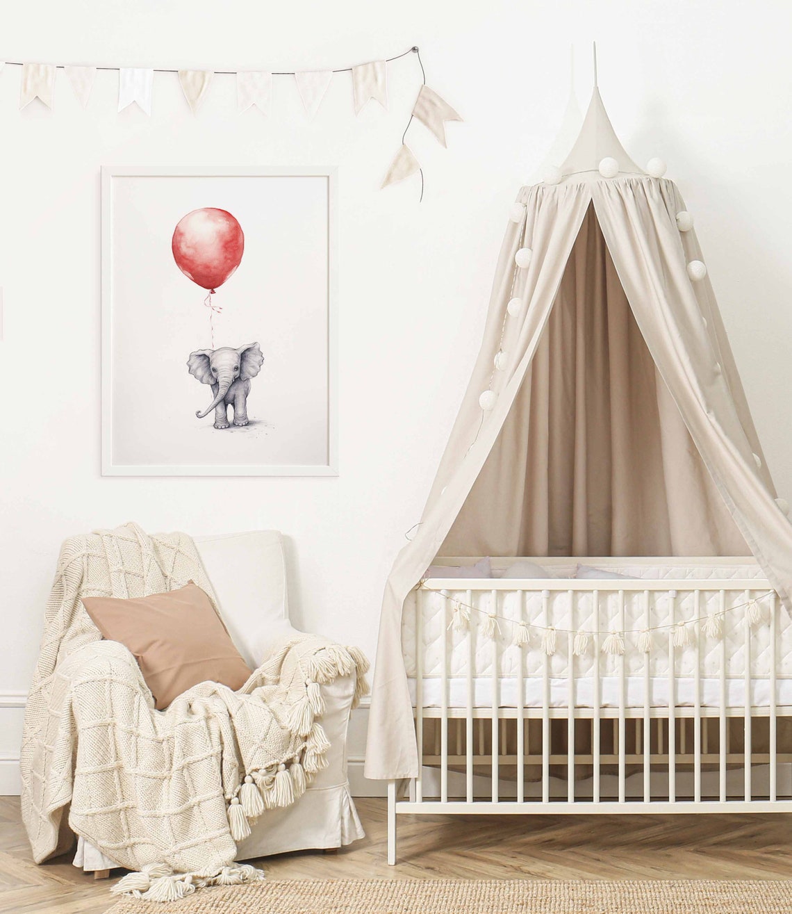 Tiny Baby Elephant with a Single Red Balloon Watercolor Poster - Image 2