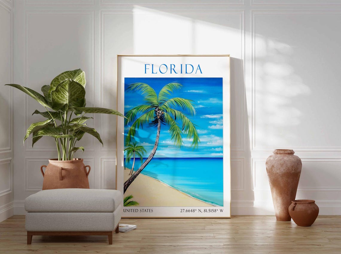 Florida Tropical Beach Leaning Palm Tree Ocean Travel Poster - Image 2