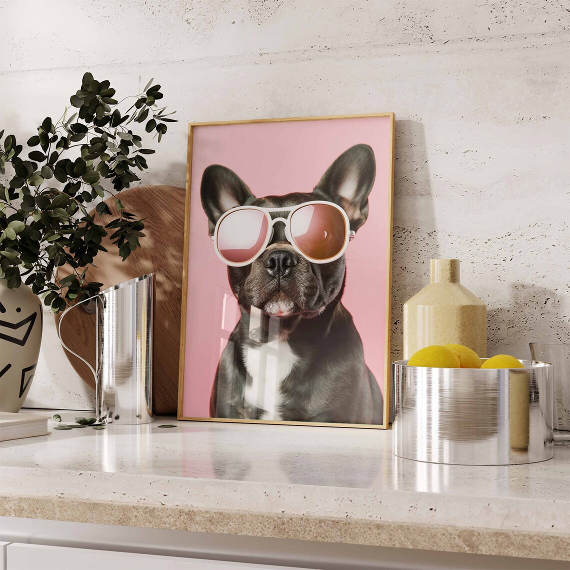 French Bulldog Wearing White Sunglasses on a Pink Background Poster - Image 2
