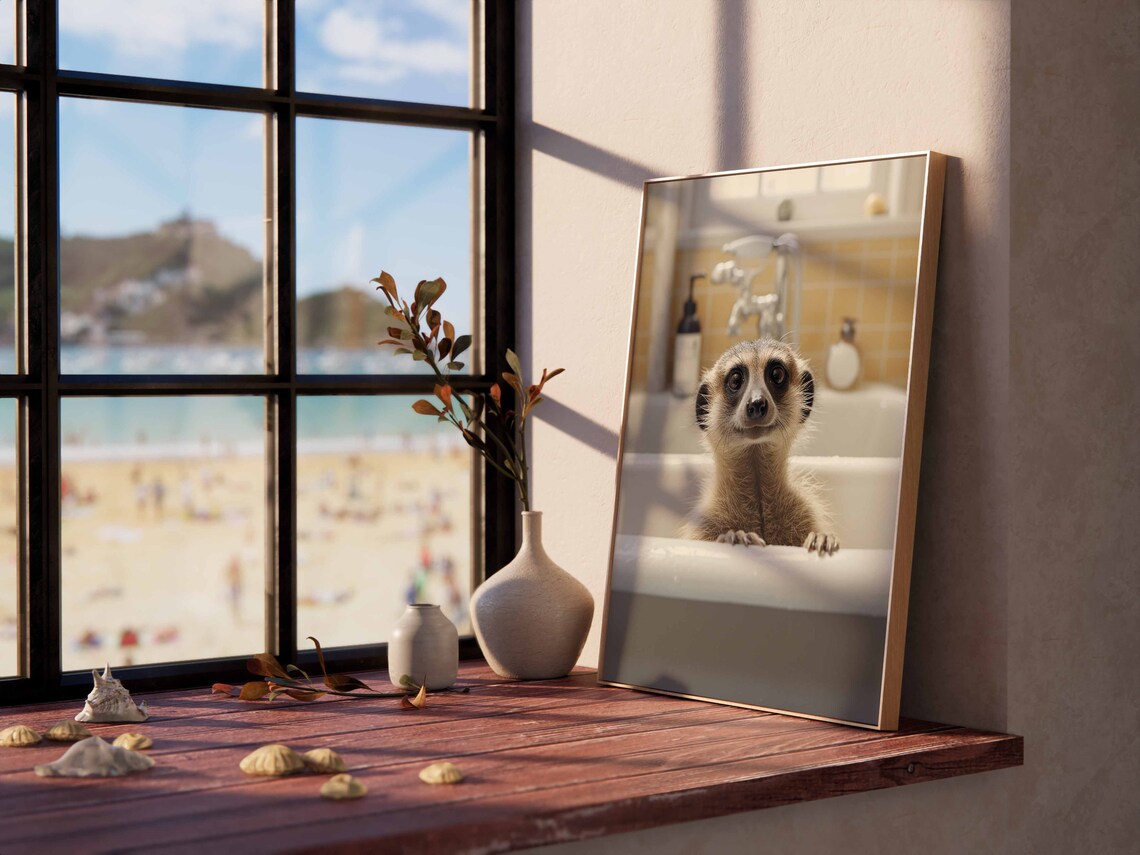 Baby Meerkat Peeking Over The White Bathtub Edge Close Up Poster - Image 2
