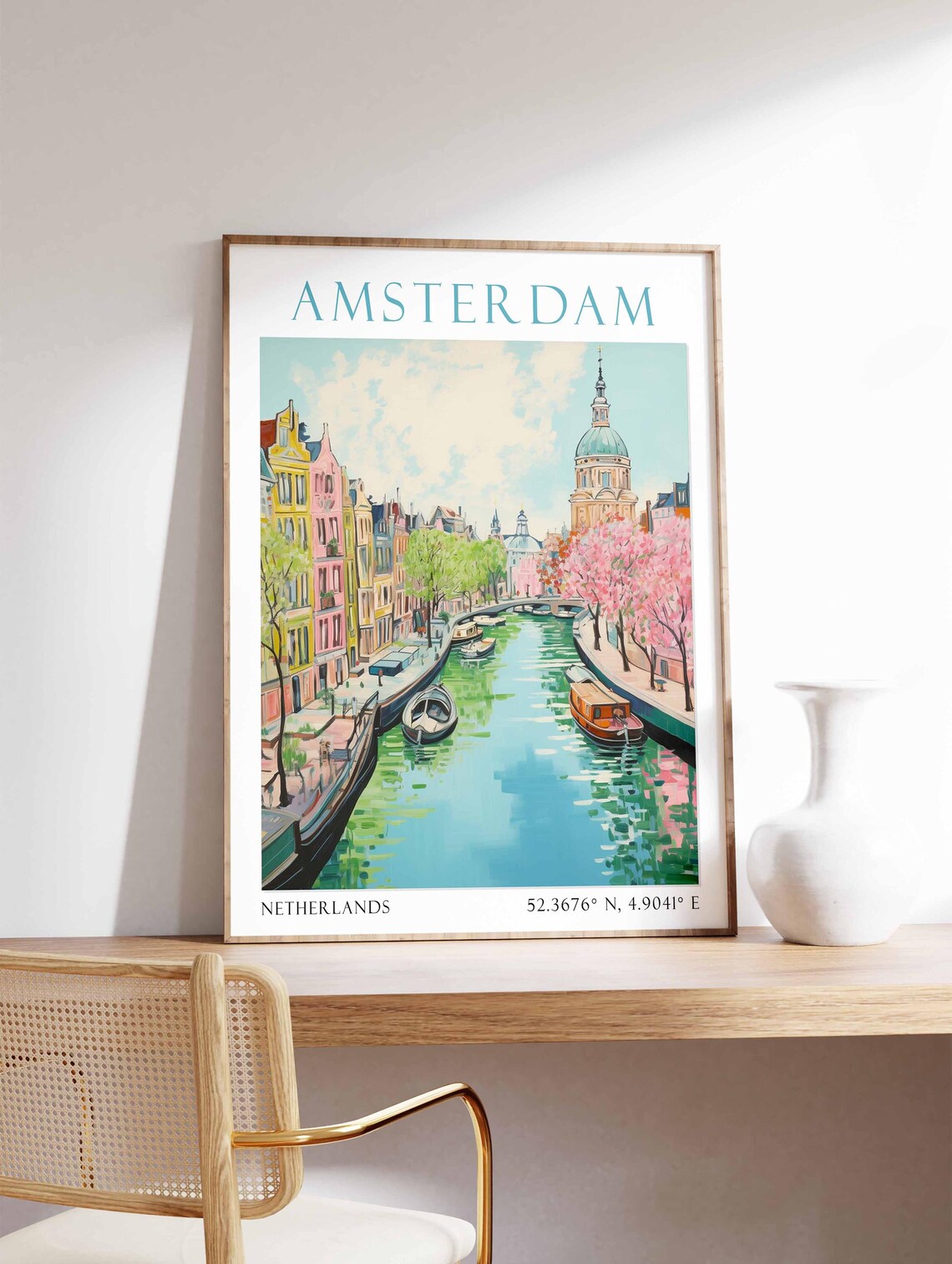 Amsterdam Spring Blossom Canal Scene Vintage Netherlands Travel Poster