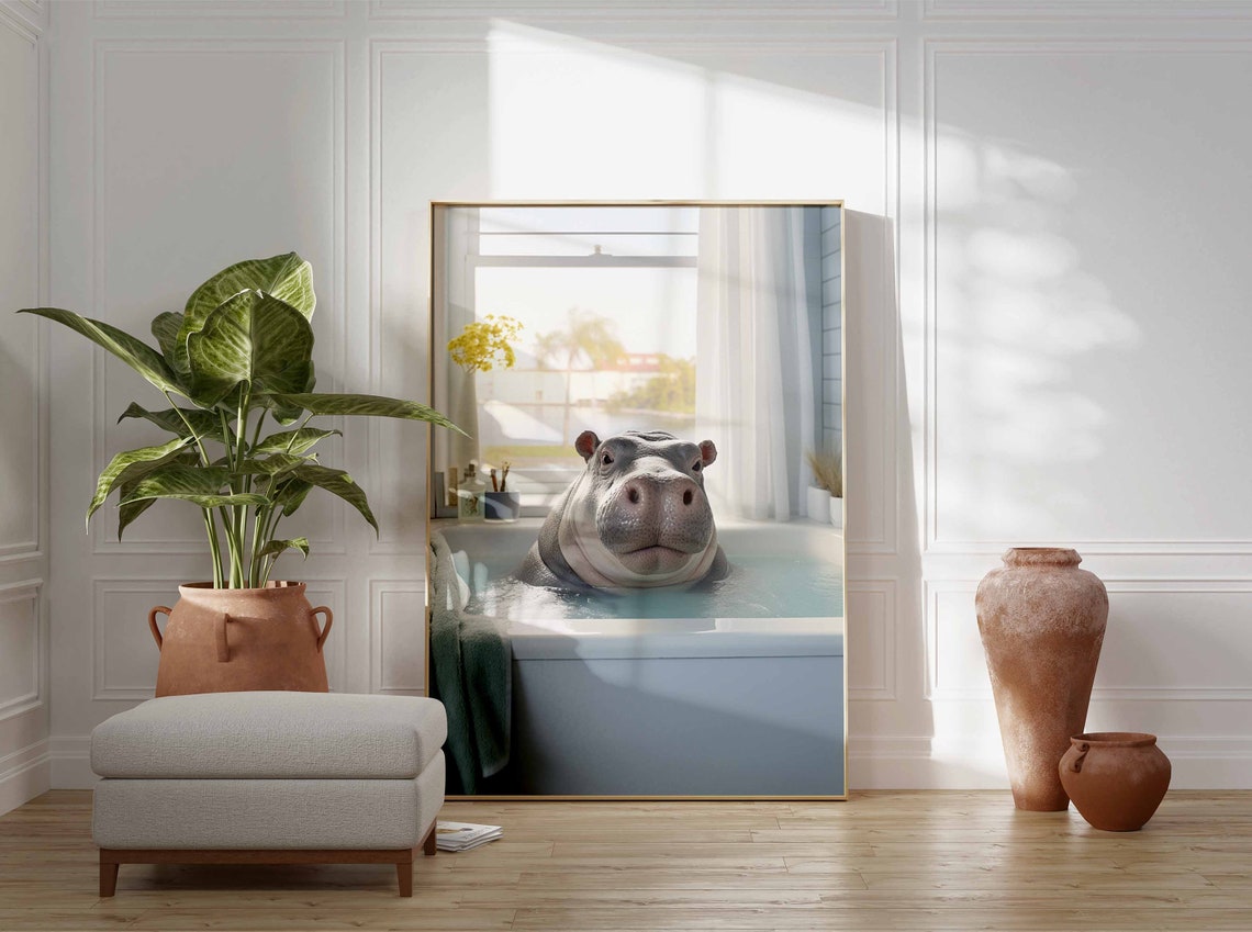 Hippo Soaking In A Turquoise Bathtub By The Palm Trees Poster - Image 3