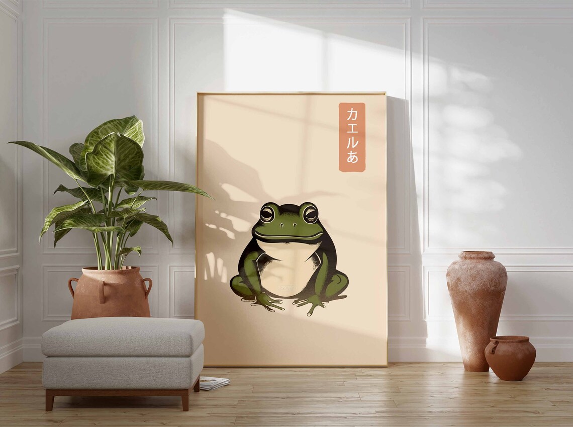 Japanese Frog Woodblock Style Sleepy Eyed Green Frog Art Poster - Image 2