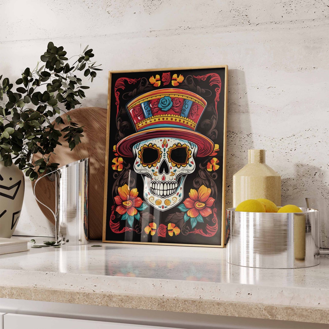Sugar Skull Gentleman Top Hat Marigold Black Ornamental Poster - Image 2