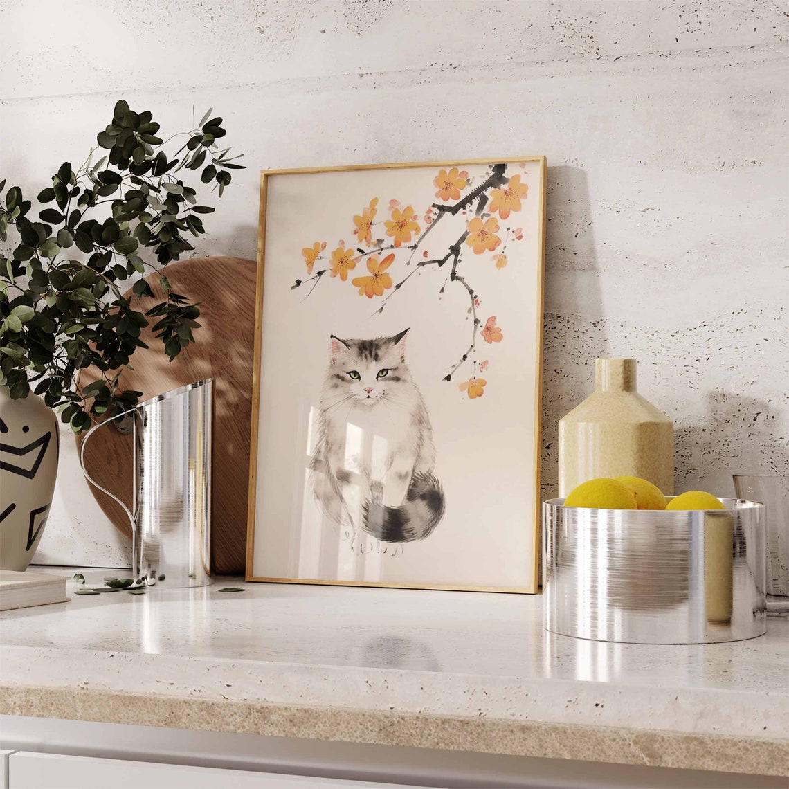 Japanese Ink Wash Grey Cat Under Orange Blossom Branch Poster - Image 2
