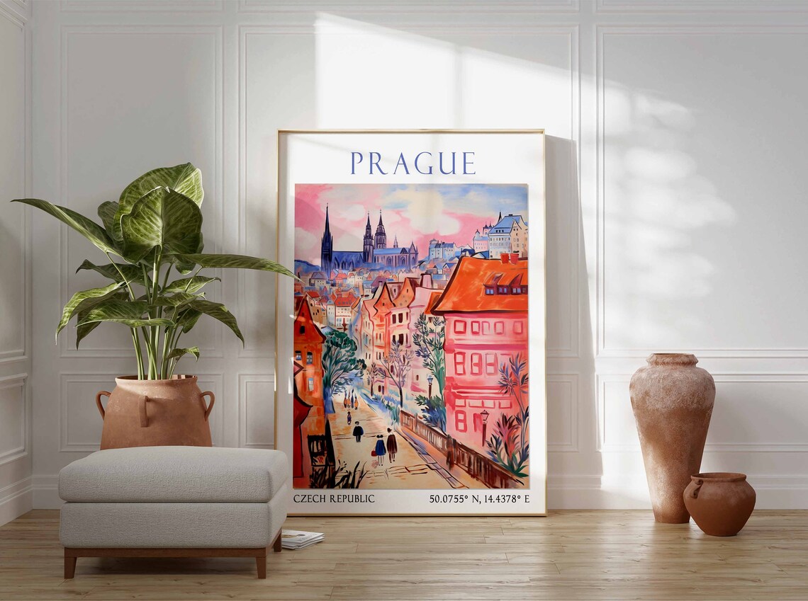 Prague Czech Republic Pink Street Red Houses Cathedral View Poster - Image 2