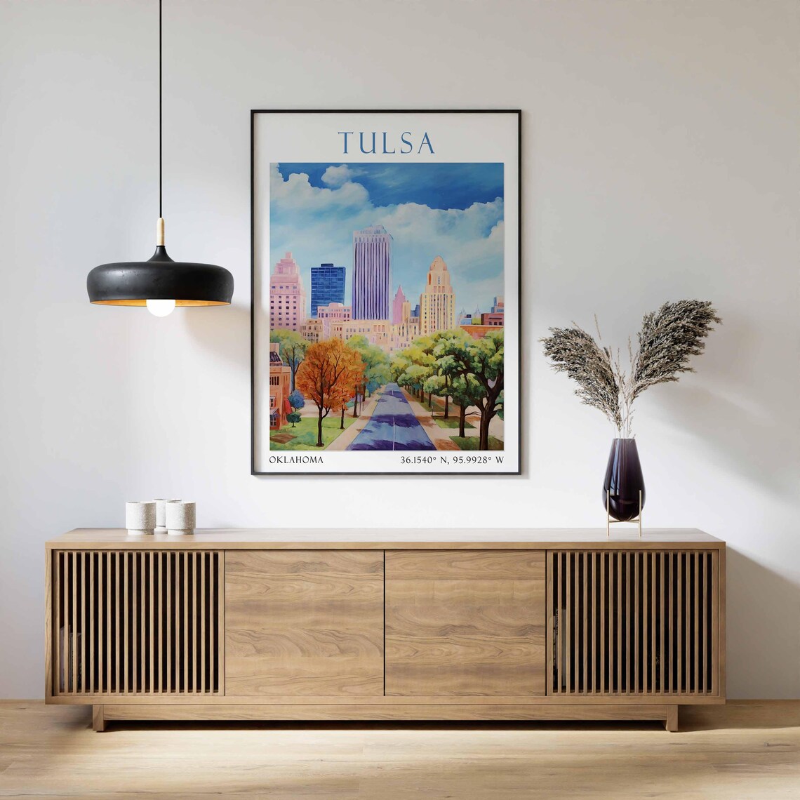 Tulsa Oklahoma Skyline Autumn Avenue Watercolor Travel Poster - Image 2