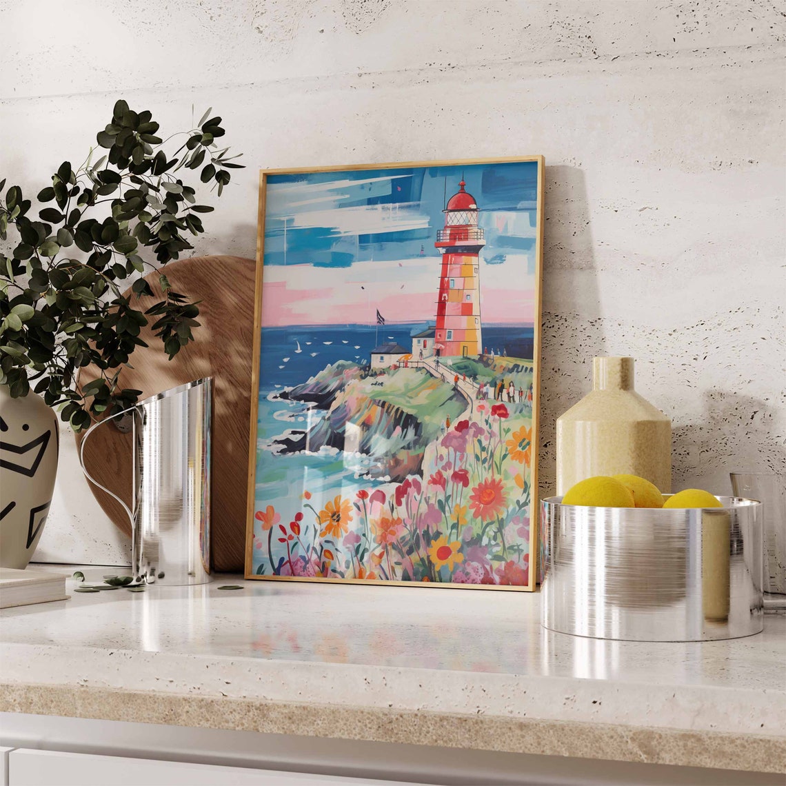 Red Lighthouse on a Cliff with a Wildflower Foreground Poster - Image 2