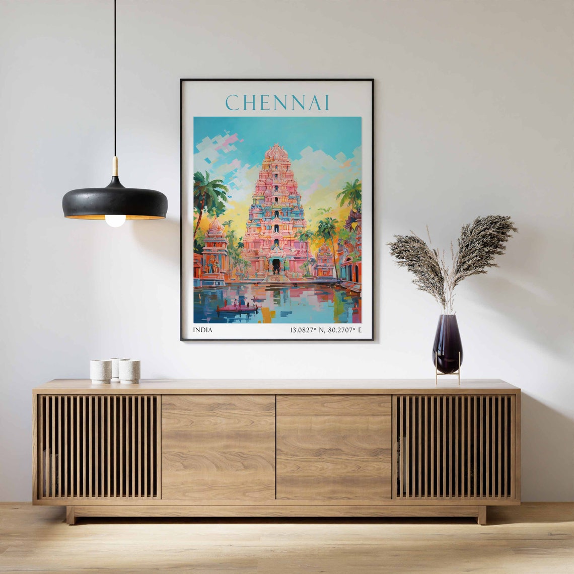 Chennai India Colorful Hindu Temple Tower with Palm Trees Poster - Image 3