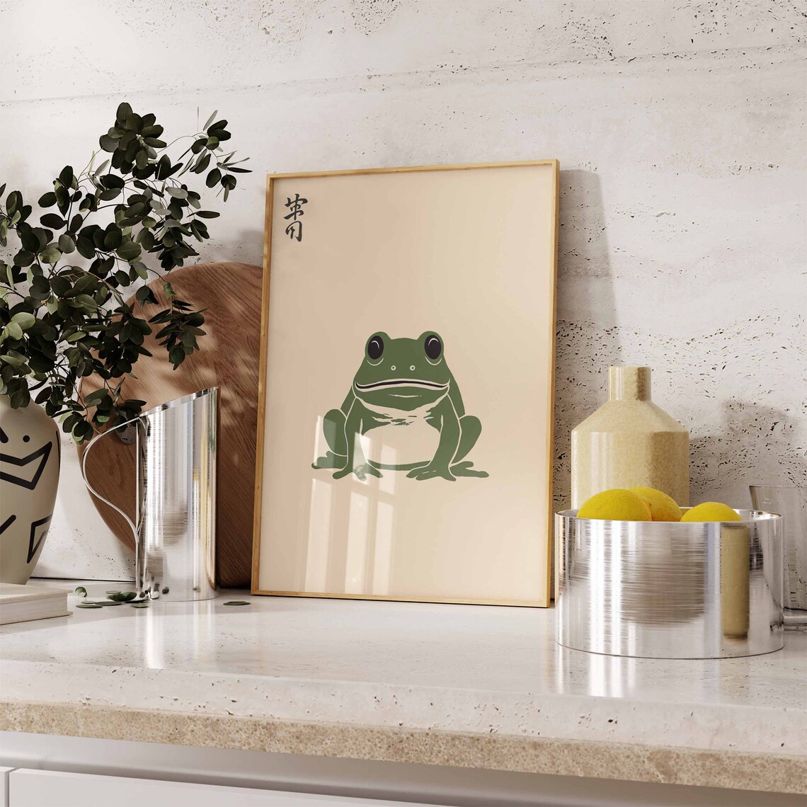 Japanese Frog Woodblock Style Classic Green Frog Kanji Stamp Poster - Image 3