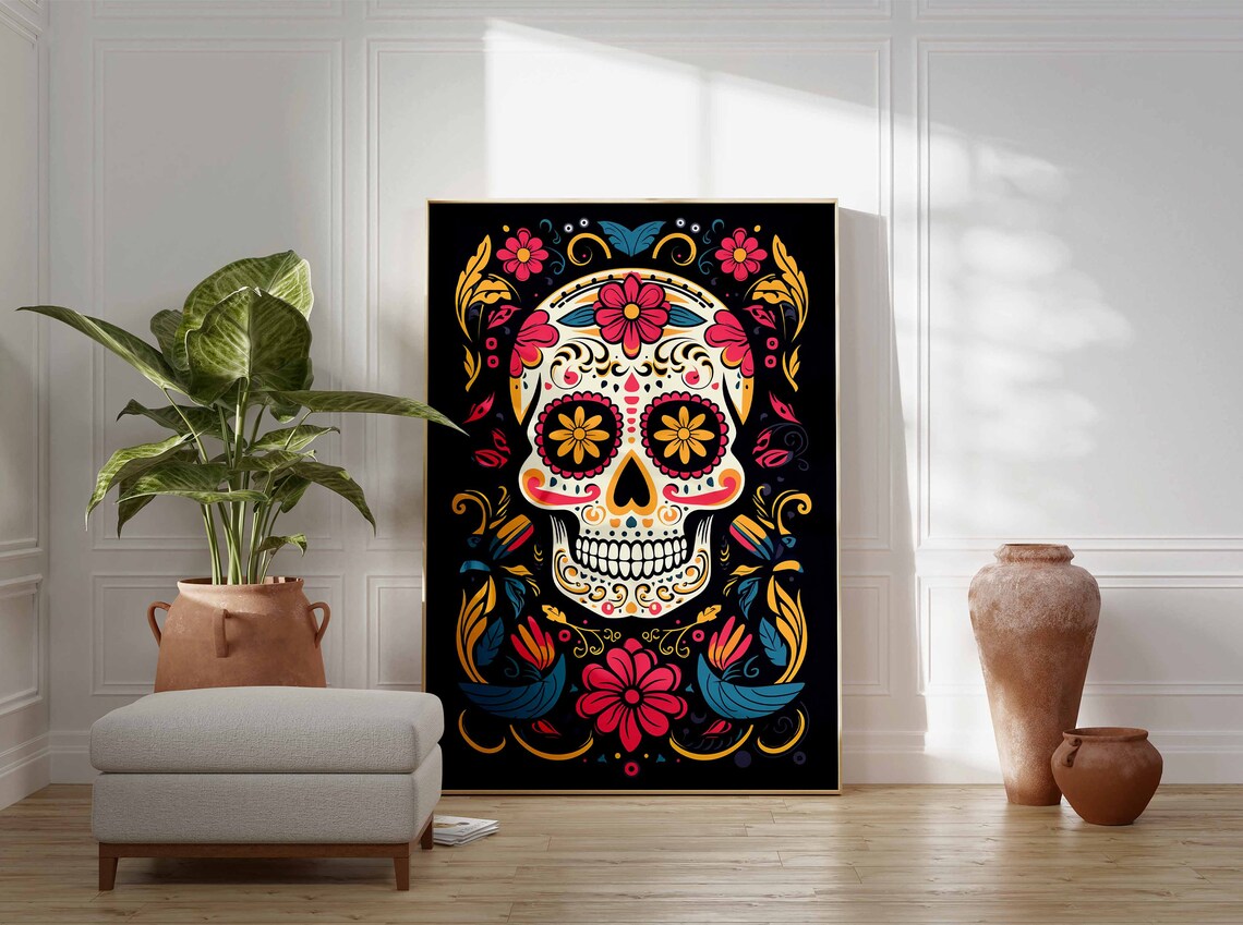 Elegant White Sugar Skull Poster with Pink Teal Flowers on Black - Image 3