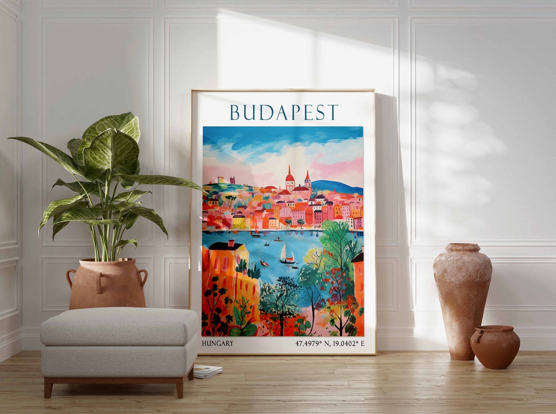 Danube River with Sailboats and Colorful Budapest Cityscape Poster - Image 2