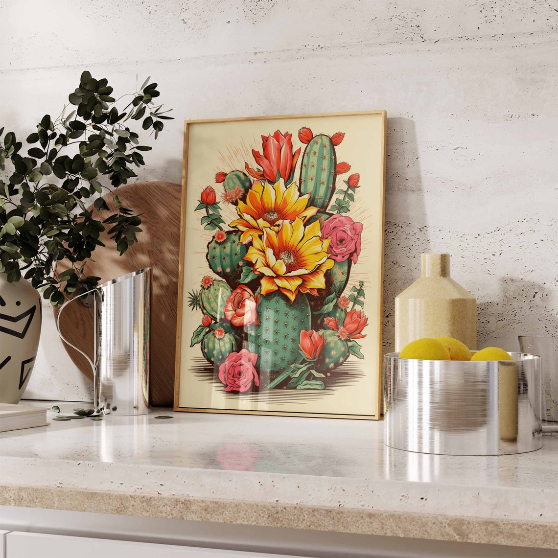 Blooming Cactus Vintage Engraving Style Yellow Flower Botanical Poster - Image 2