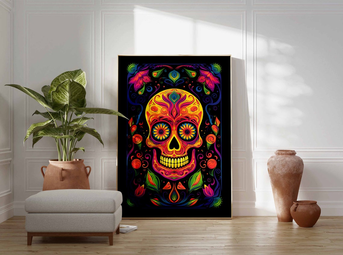Fiery Orange and Red Sugar Skull Poster with Daisy Eyes Decor - Image 3