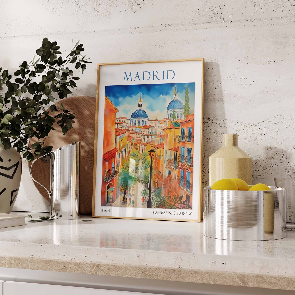 Madrid Spain Travel Poster Blue Domed Cathedral Street Scene - Image 2