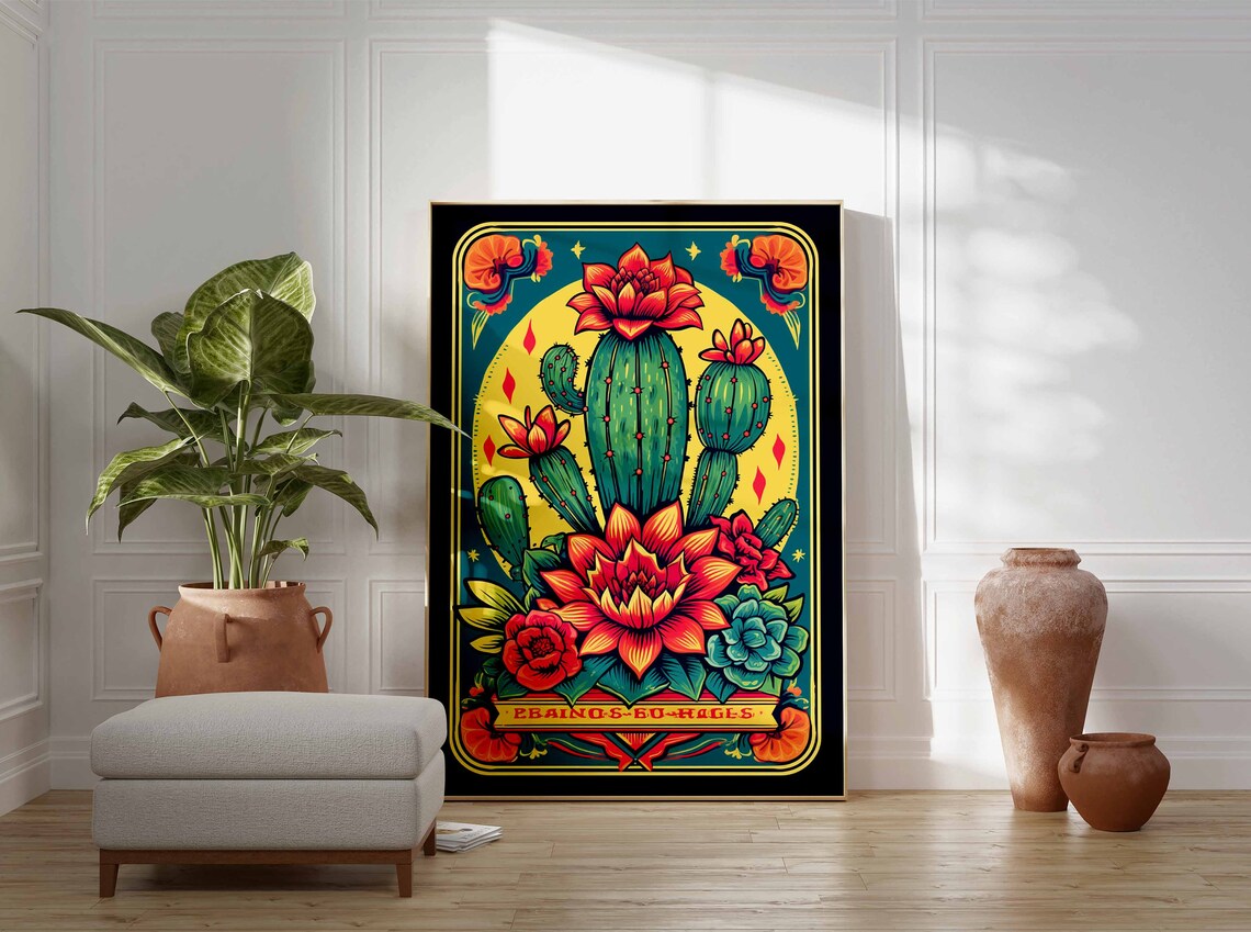 Vibrant Blooming Cactus Teal Border Yellow Sun Mexican Wall Art - Image 3