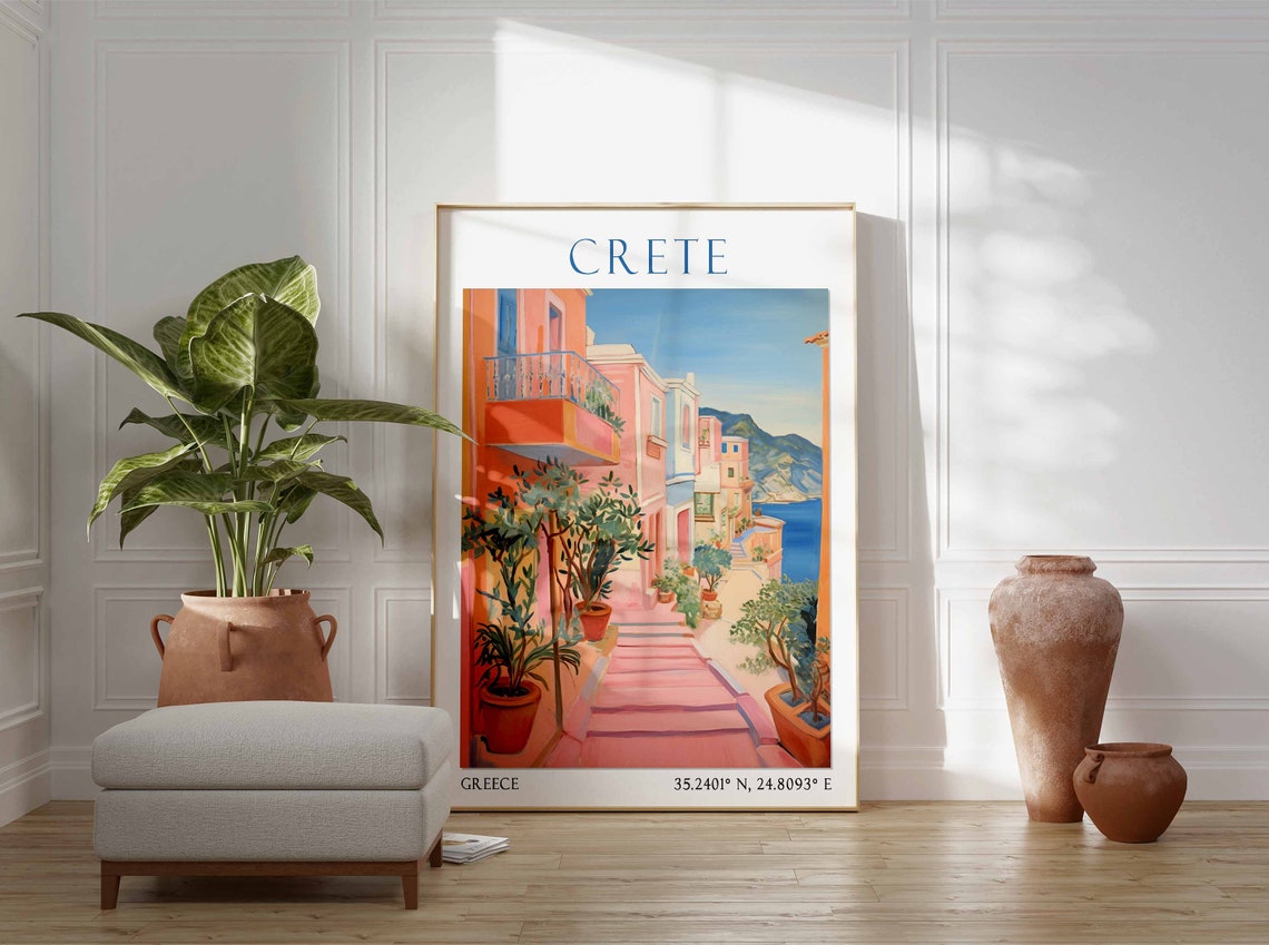 Crete Coral Street with Potted Plants and Sea View Poster Art - Image 2