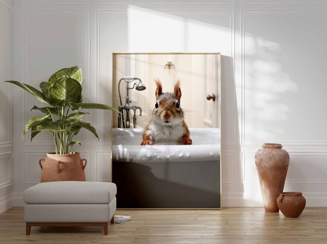 Cute Wet Squirrel Climbing Out of a White Bathtub Bathroom Poster - Image 3