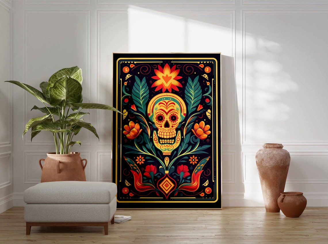 Golden Sugar Skull Tropical Leaf Midnight Black Floral Poster - Image 3