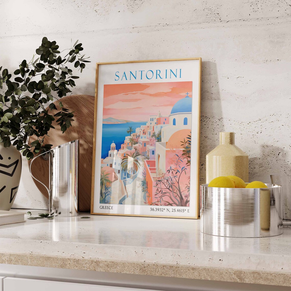 Santorini Blue Dome Church Sunset Village Watercolor Travel Poster - Image 3