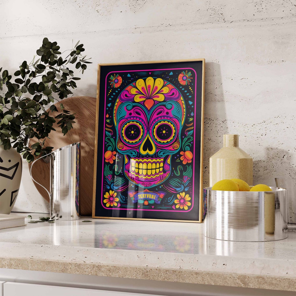 Vivid Purple Sugar Skull TERYVUAL Ribbon Poster Neon on Black - Image 2