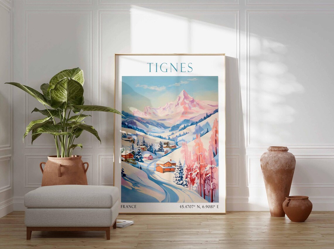 Tignes French Alps Ski Resort Snowy Watercolor Travel Poster - Image 3