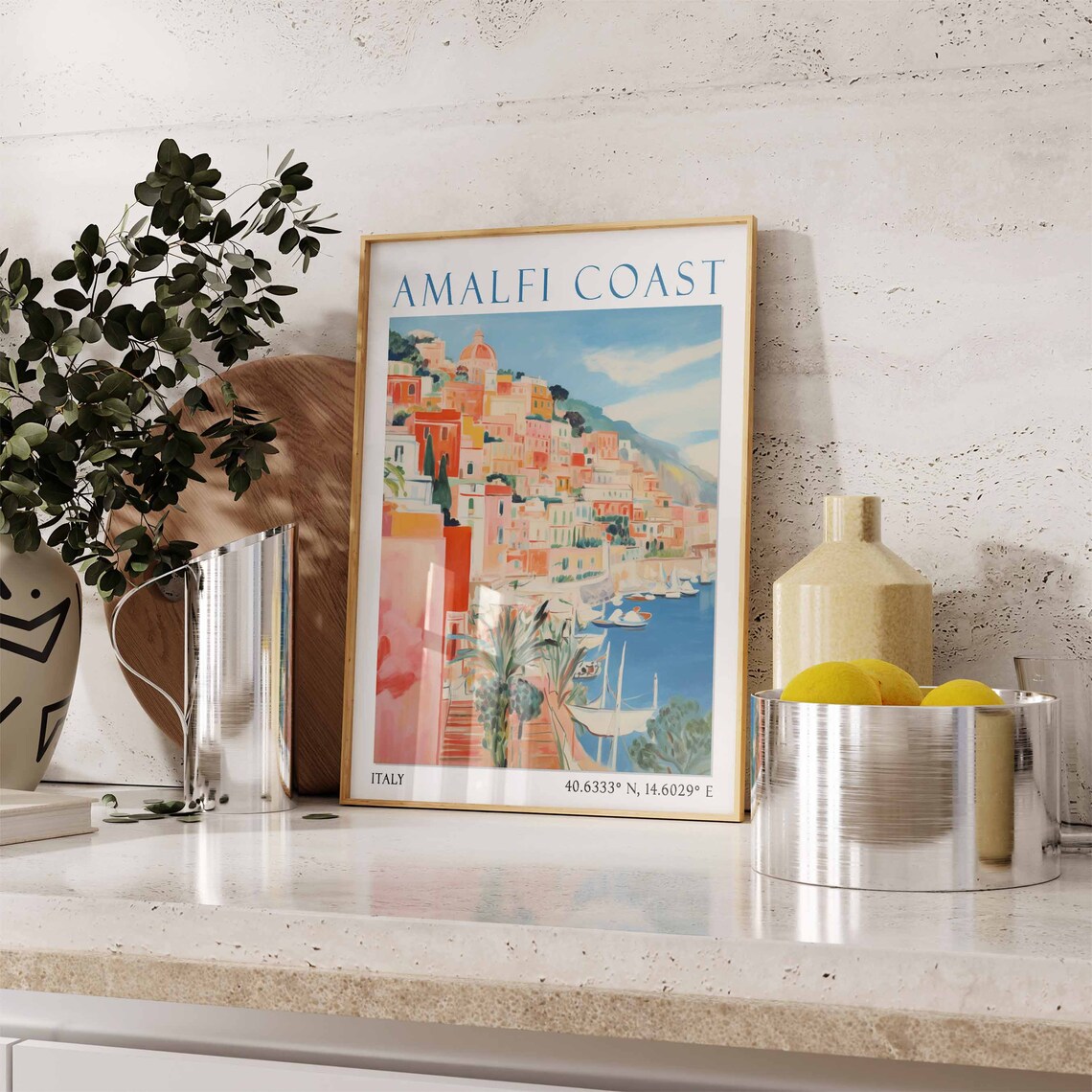 Amalfi Coast Italy Retro Travel Poster with Harbor and Sailboats - Image 3