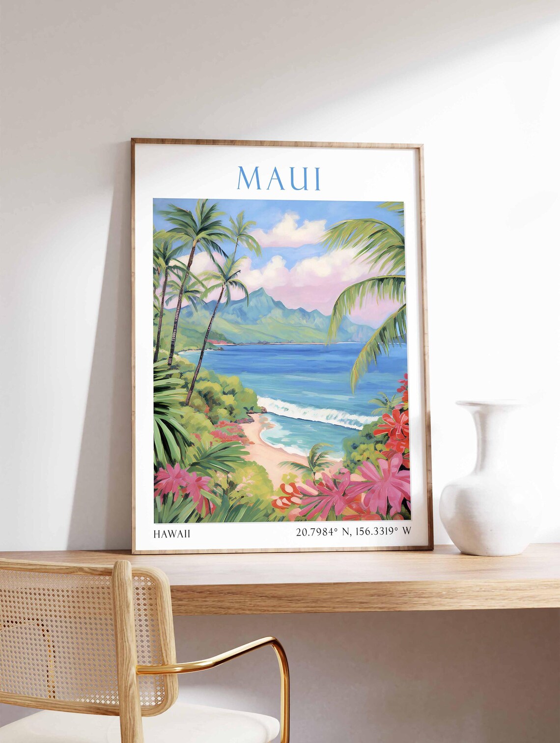 Maui Hawaii Tropical Palm Beach Surf Volcano Mountain Travel Poster - Image 3