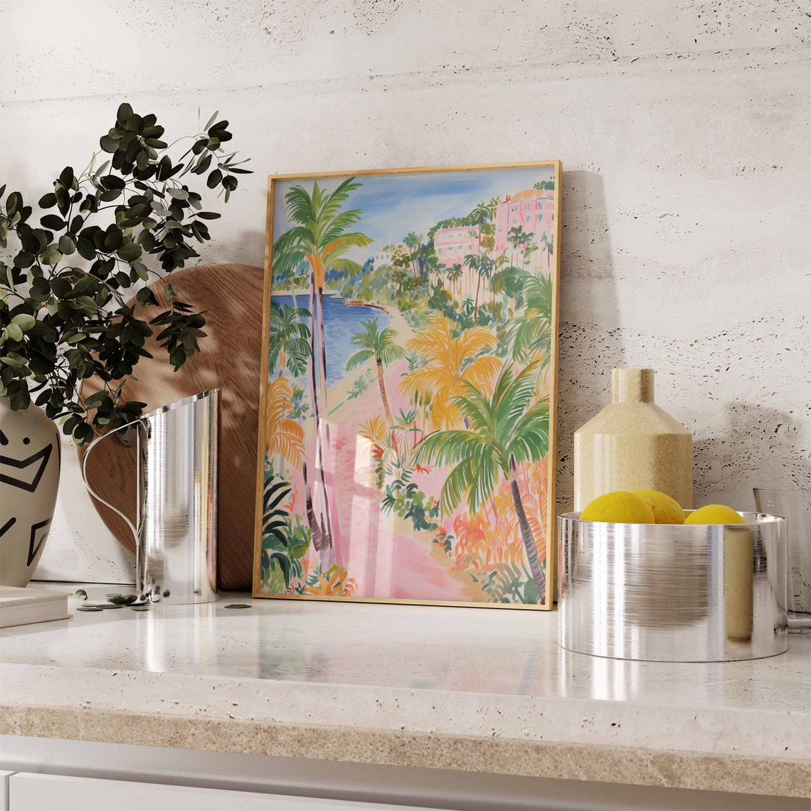 Tropical Garden Path Pink Bay Hillside Village Floral Poster - Image 2