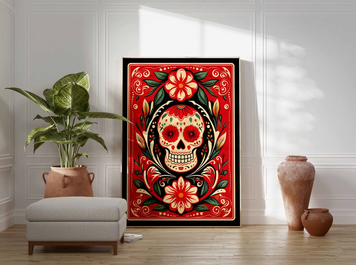 Day of the Dead Skull Bold Red Background Floral Folk Art Poster - Image 3