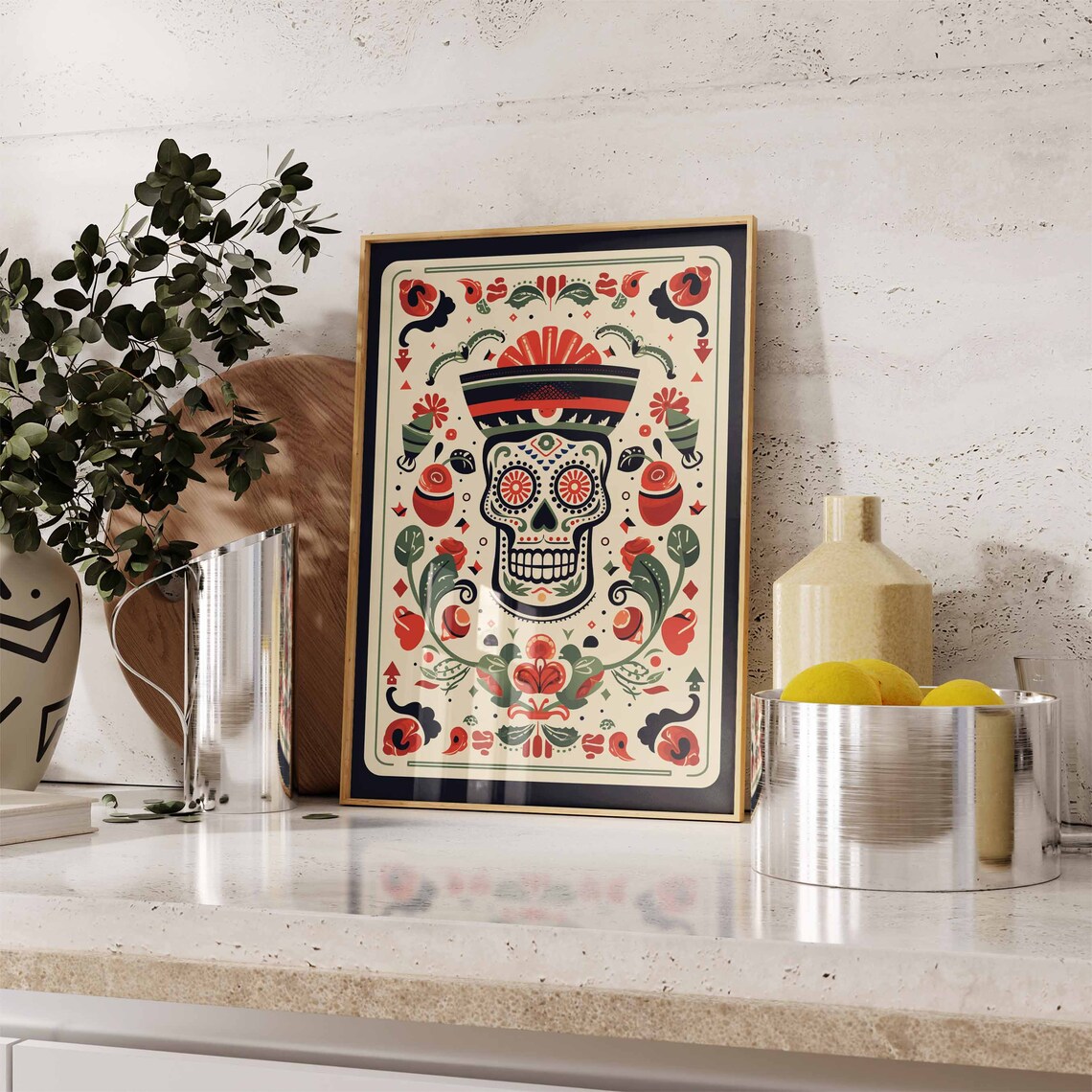 Day of the Dead Skull With Sombrero Floral Mexican Folk Poster - Image 2