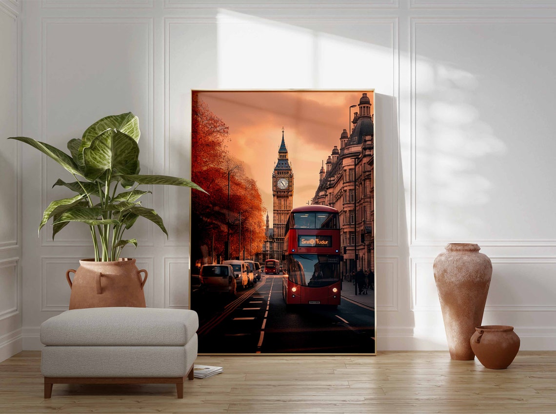 Big Ben and Red Double-Decker Bus Golden Sunset Poster in London - Image 3