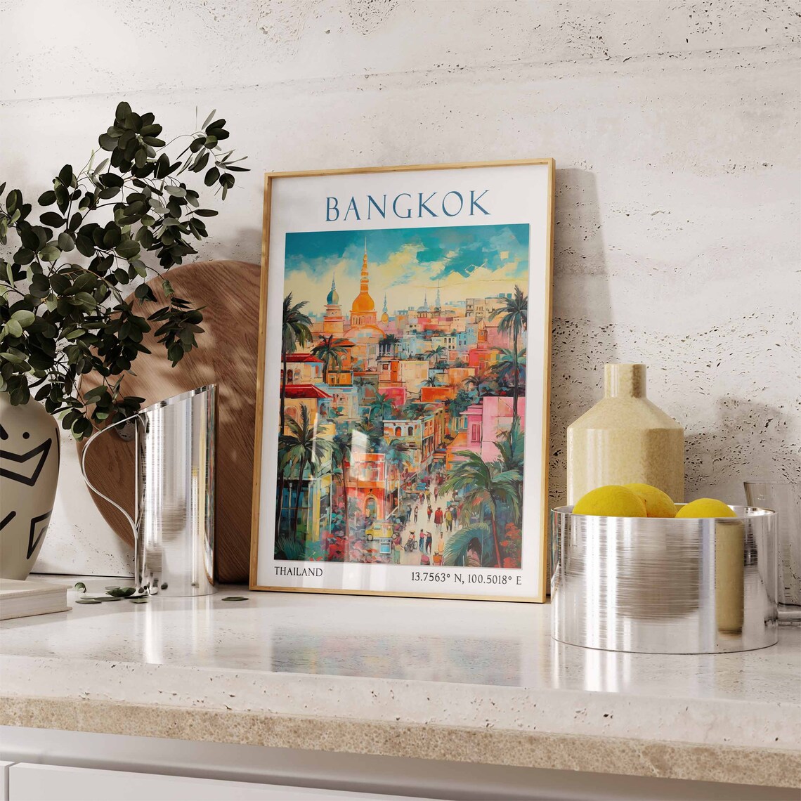 Bangkok Thailand Vibrant Old Town Street with Temple Spires Poster - Image 3