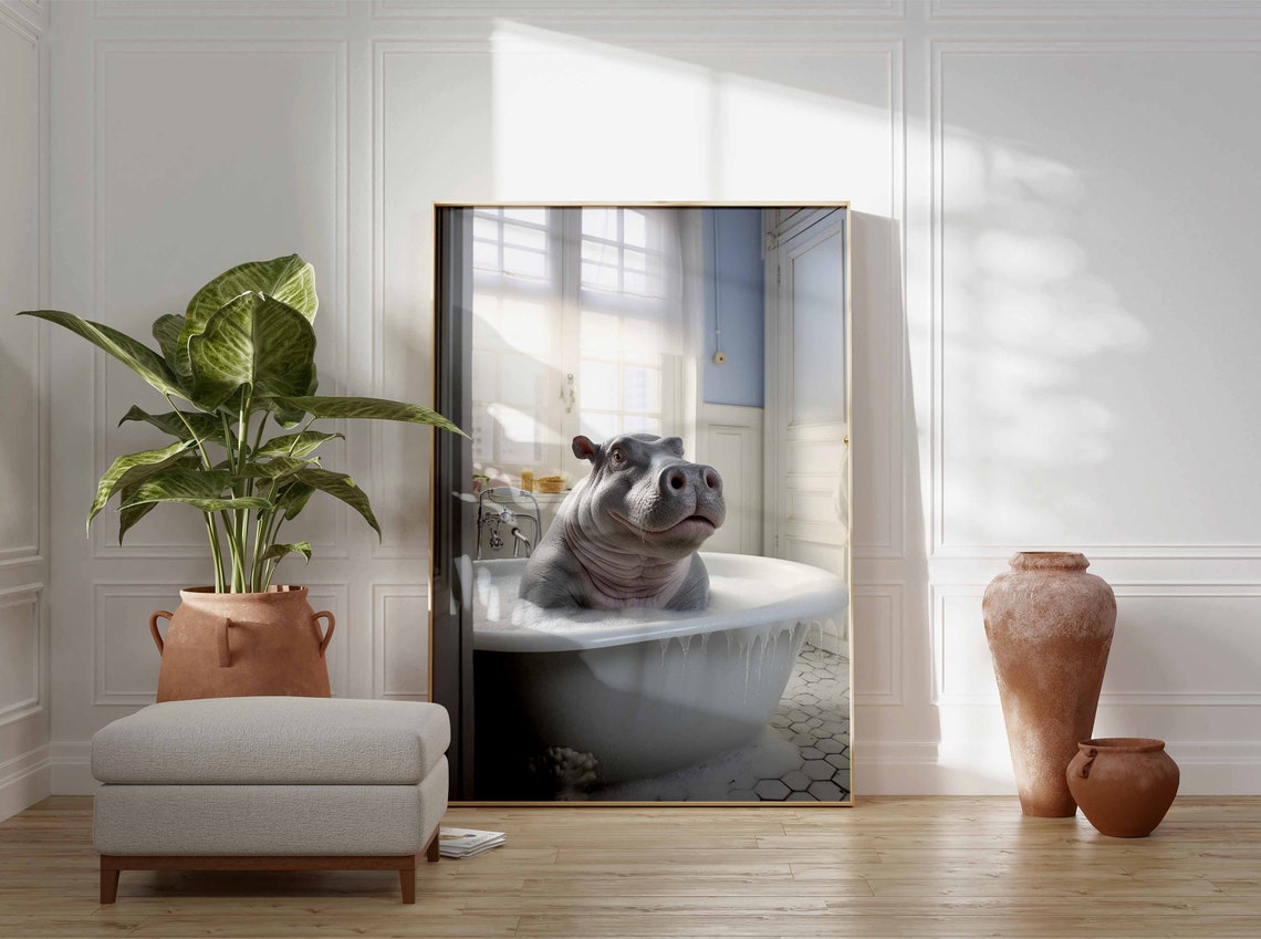 Smiling Hippo Enjoying A Foamy Bubble Bath On Hex Tile Poster - Image 3