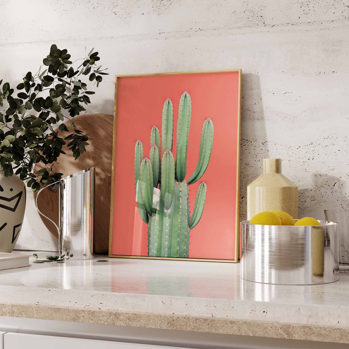 Green Columnar Cactus Cluster Against a Vibrant Coral Poster - Image 2