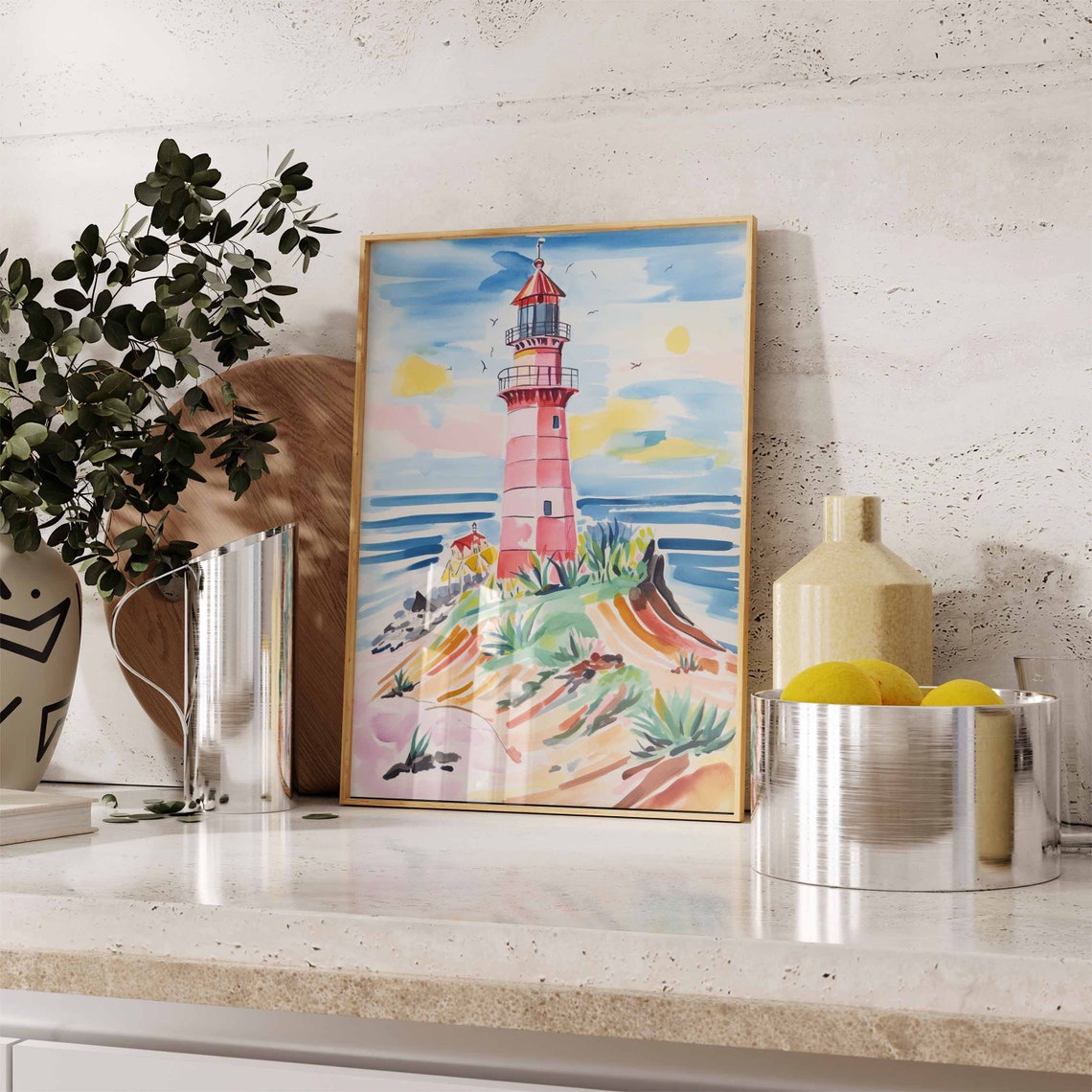 Pink Lighthouse on a Rocky Ocean Cliff Watercolor Art Poster - Image 2