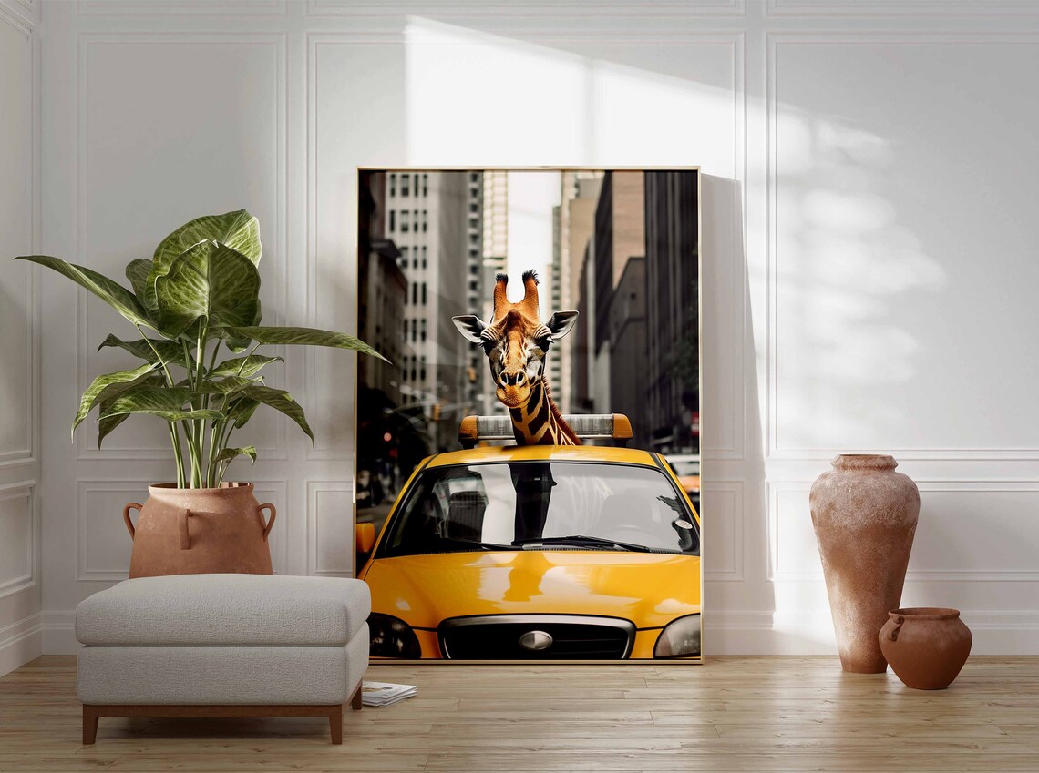 Giraffe Riding in a Yellow New York City Taxi Cab Funny Poster - Image 3