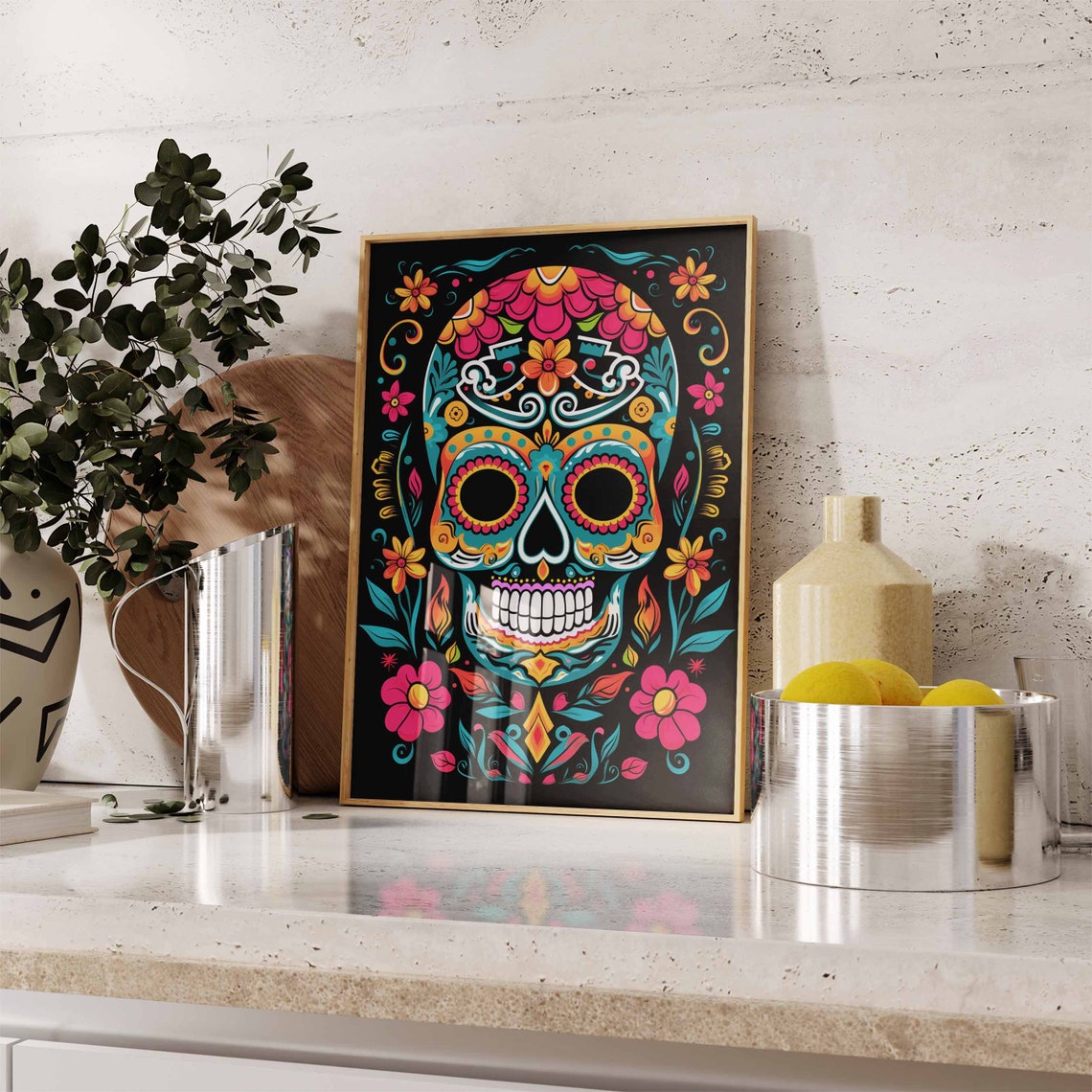 Bright Teal and Pink Sugar Skull Poster with Flower Crown on Black - Image 2