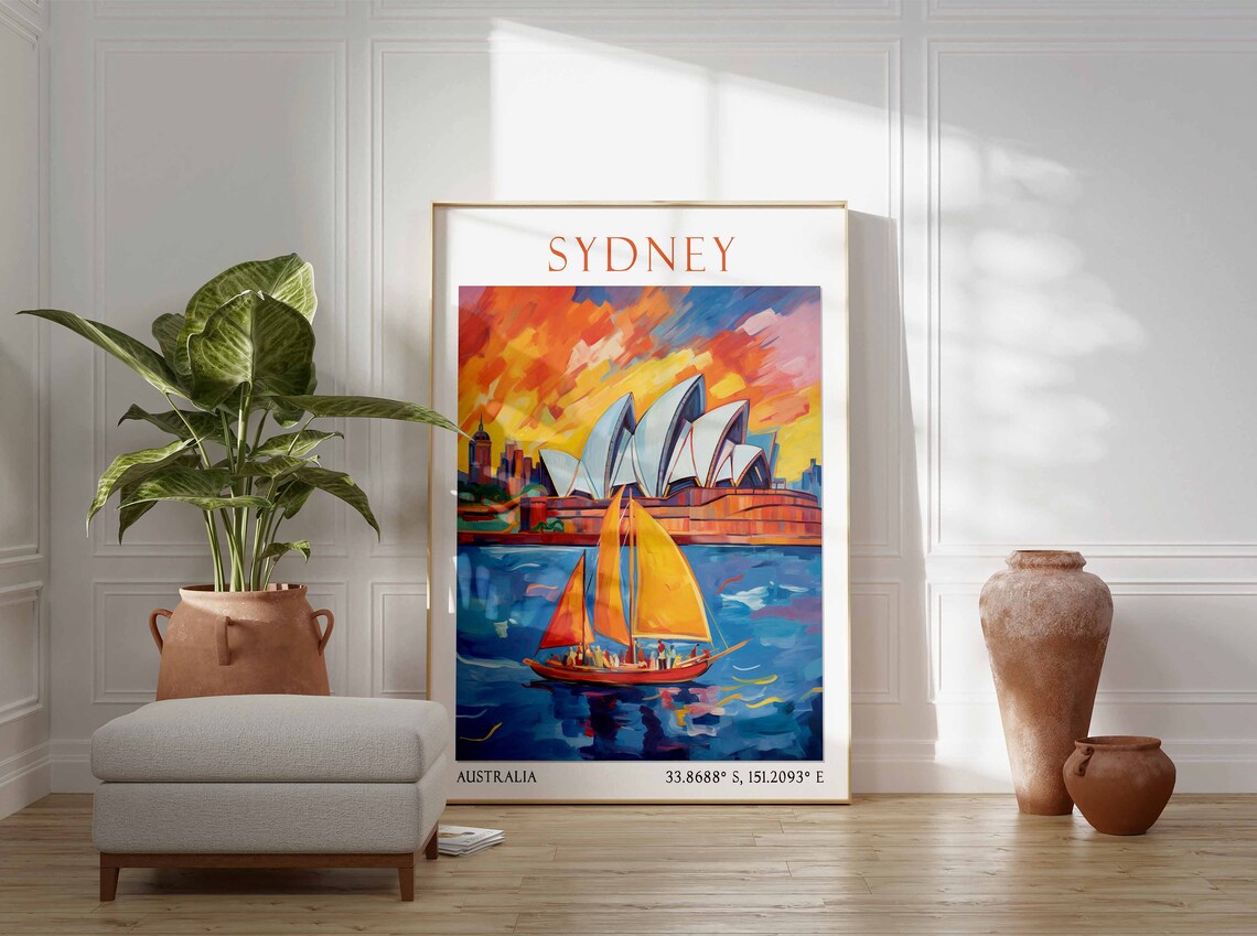 Sydney Opera House Fiery Sunset Sail Watercolor Travel Poster - Image 2