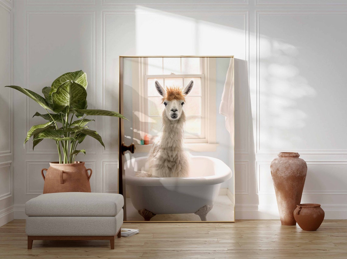 Fluffy White Llama Standing In A White Bathtub Portrait Poster - Image 3