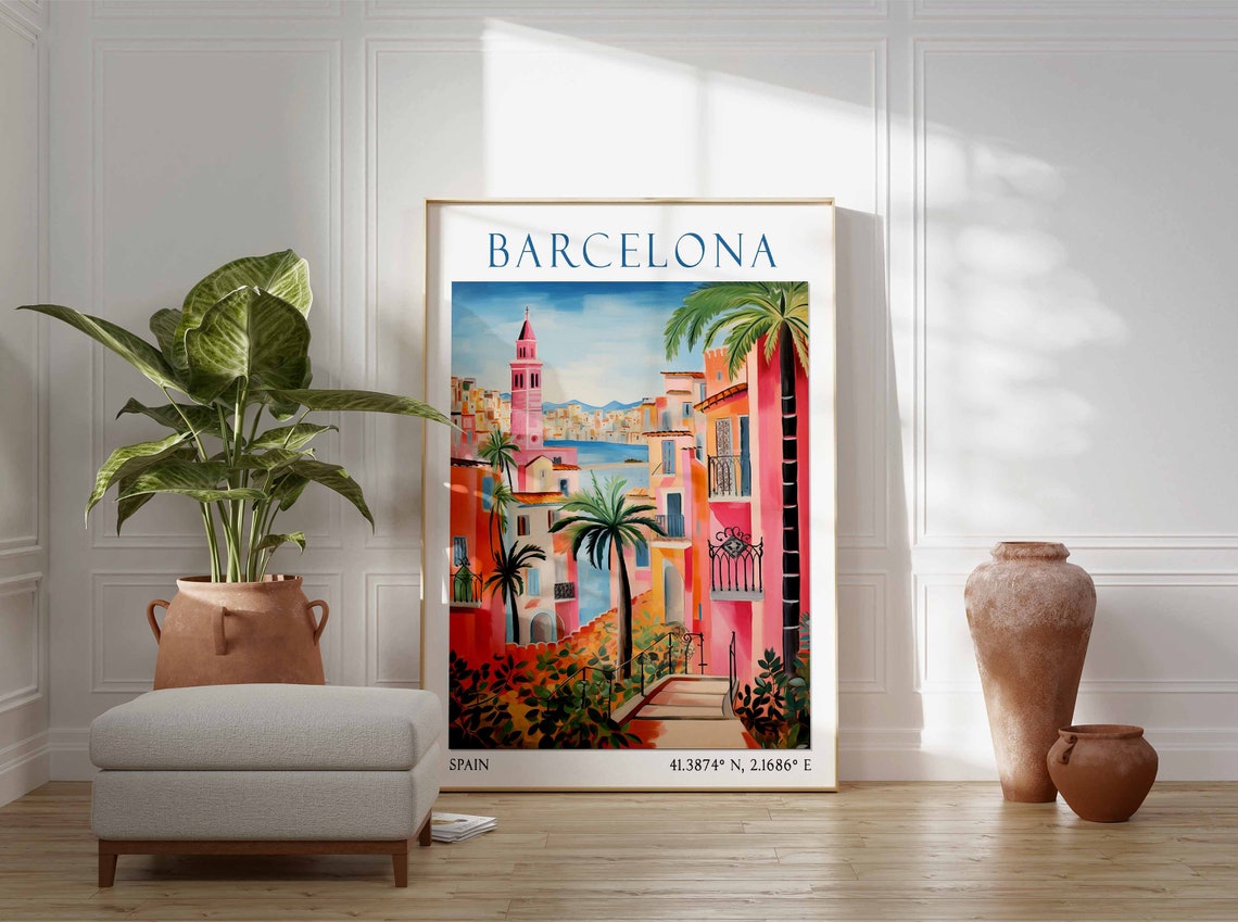 Palm-Lined Steps Down to the Sea in Barcelona Spain Travel Poster - Image 2