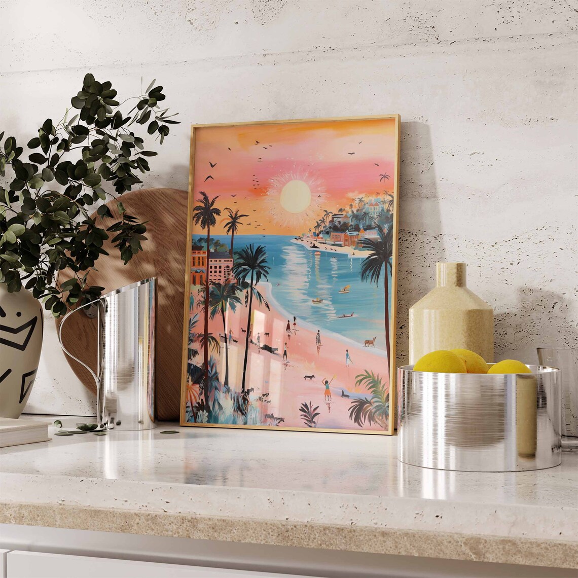 Sunset Bay Beach Silhouette Palm Dogs Golden Hour Scene Poster - Image 2