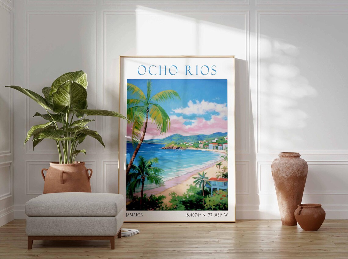 Ocho Rios Jamaica Palm Tree Bay Caribbean Shoreline Coast Poster - Image 2