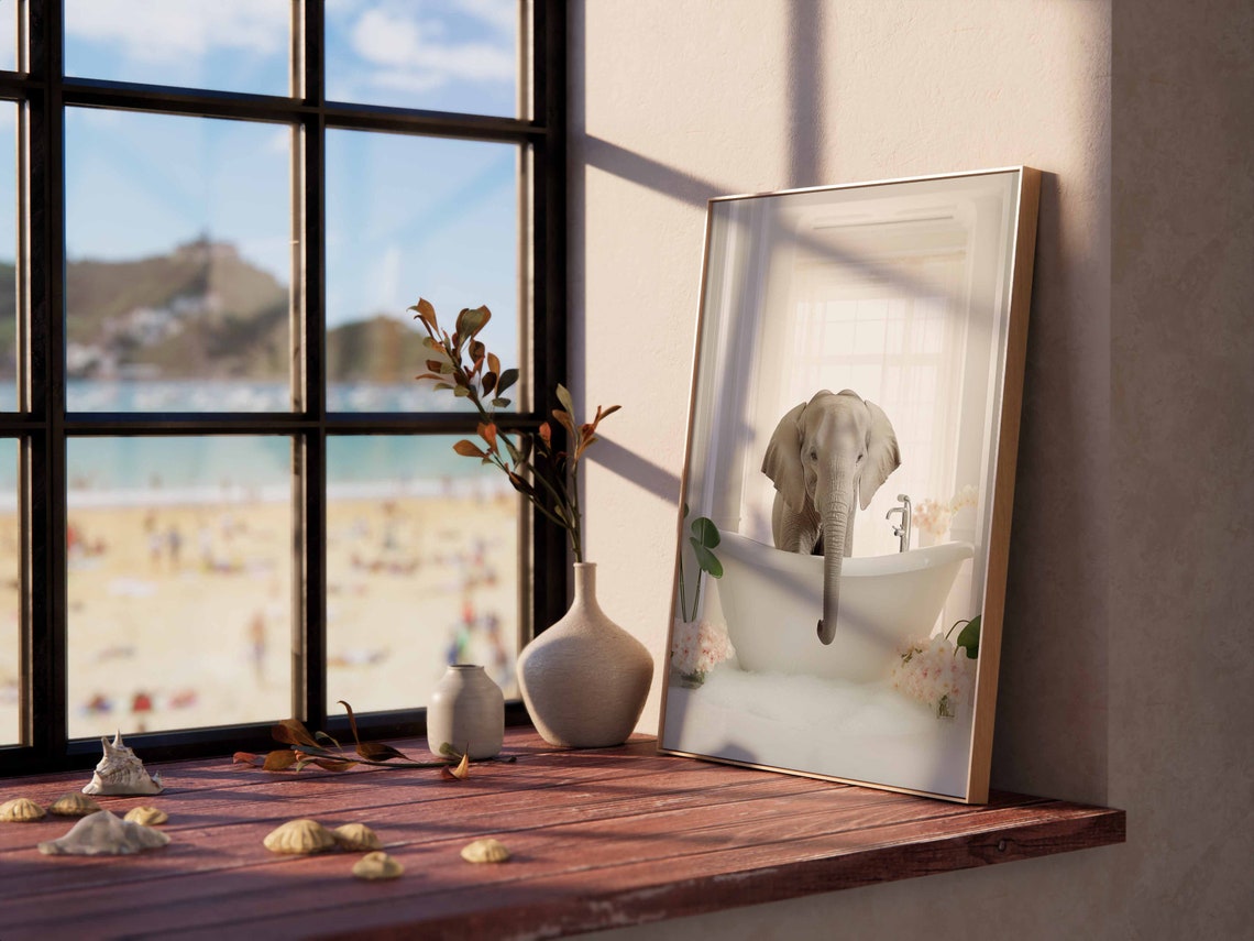 Elephant Resting Its Trunk Over A Flowered White Bathtub Poster - Image 2