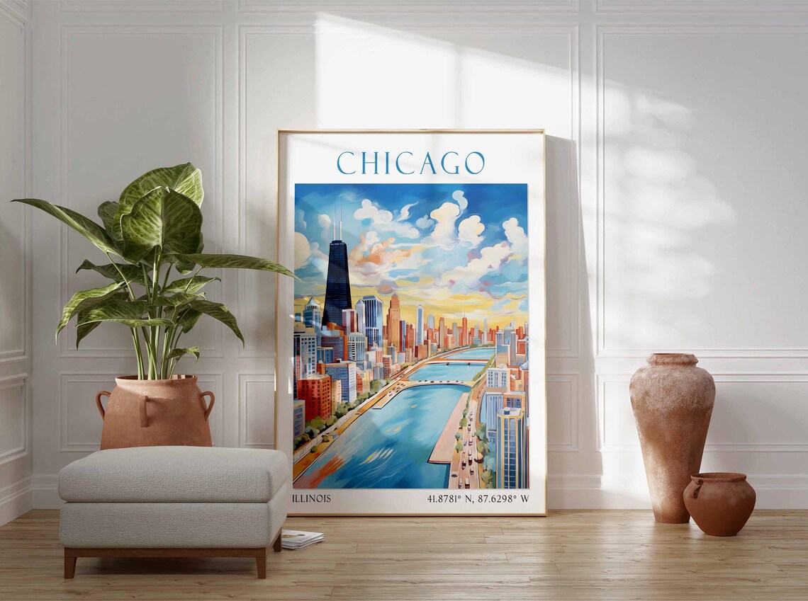 Chicago River City Sunset Skyline Towers Illinois Travel Poster - Image 3