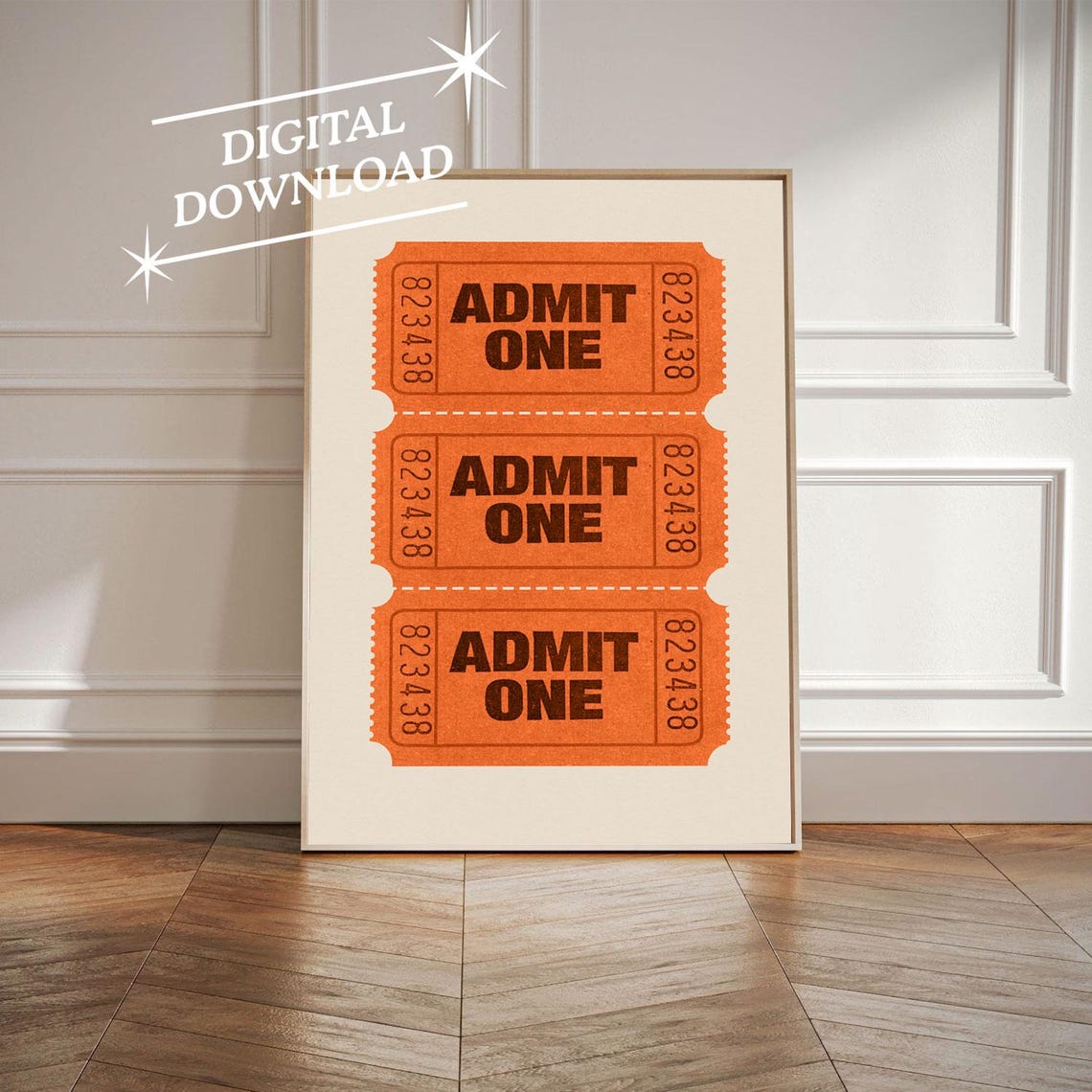 Admit One Retro Cinema Ticket Stub Wall Poster Orange Vintage Design