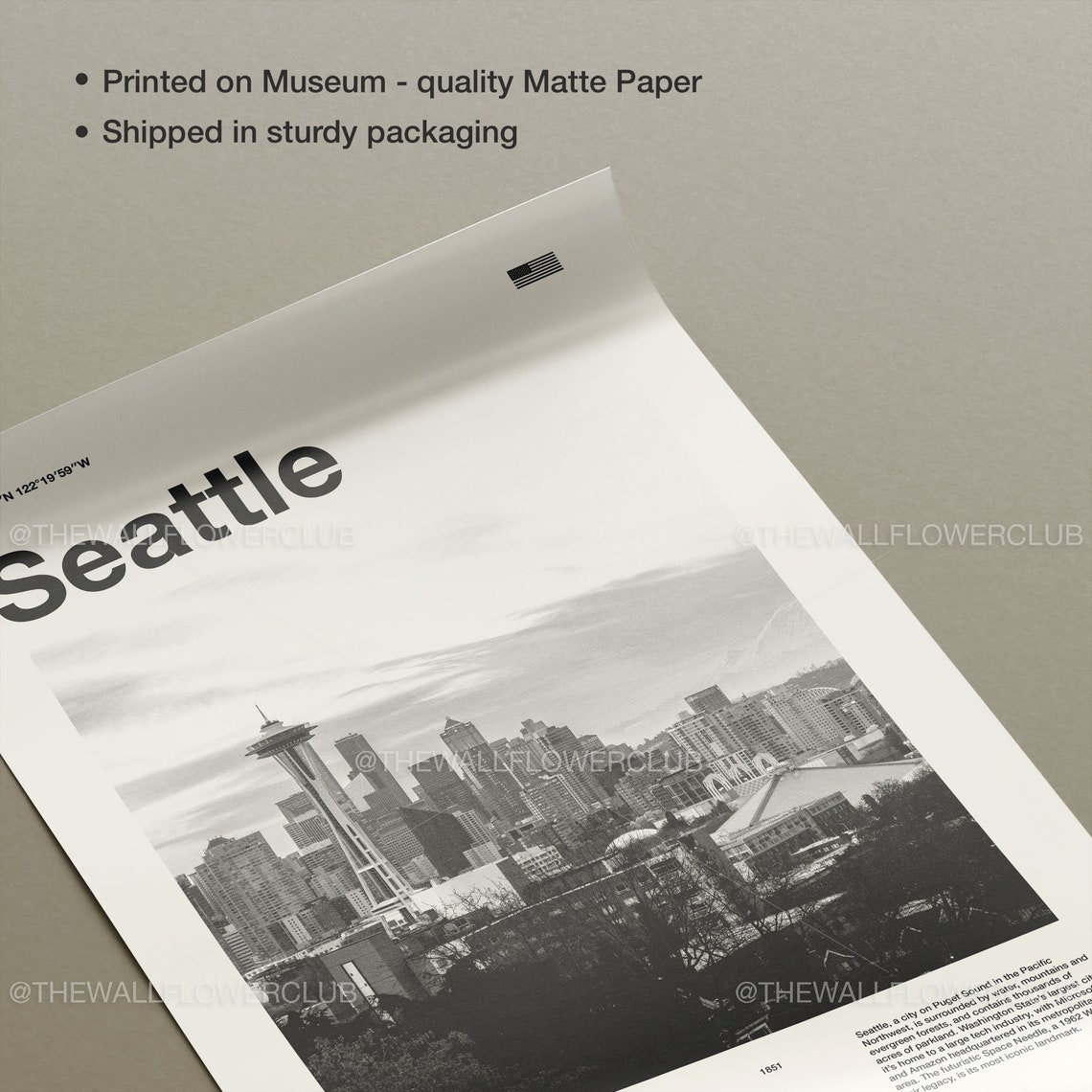 Seattle Space Needle Skyline Minimalist Black and White City Poster - Image 3