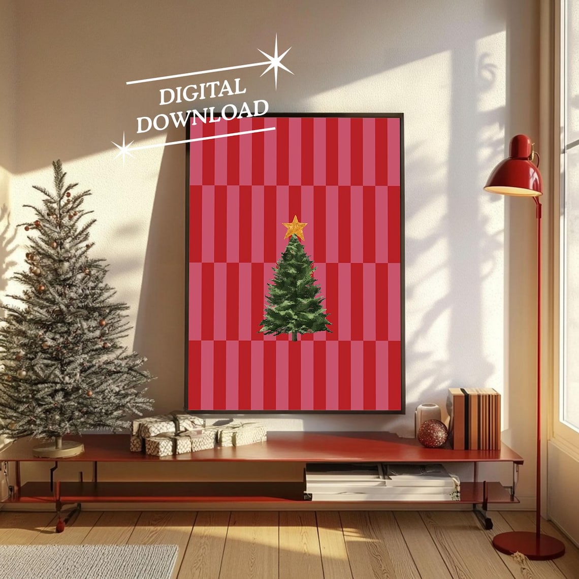 Cheerful Christmas Tree on Pink Stripes Modern Holiday Art Poster