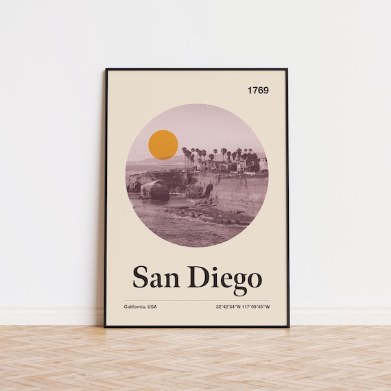 San Diego 1769 Sunset Cliffs Vintage Mid Century Minimalist Poster