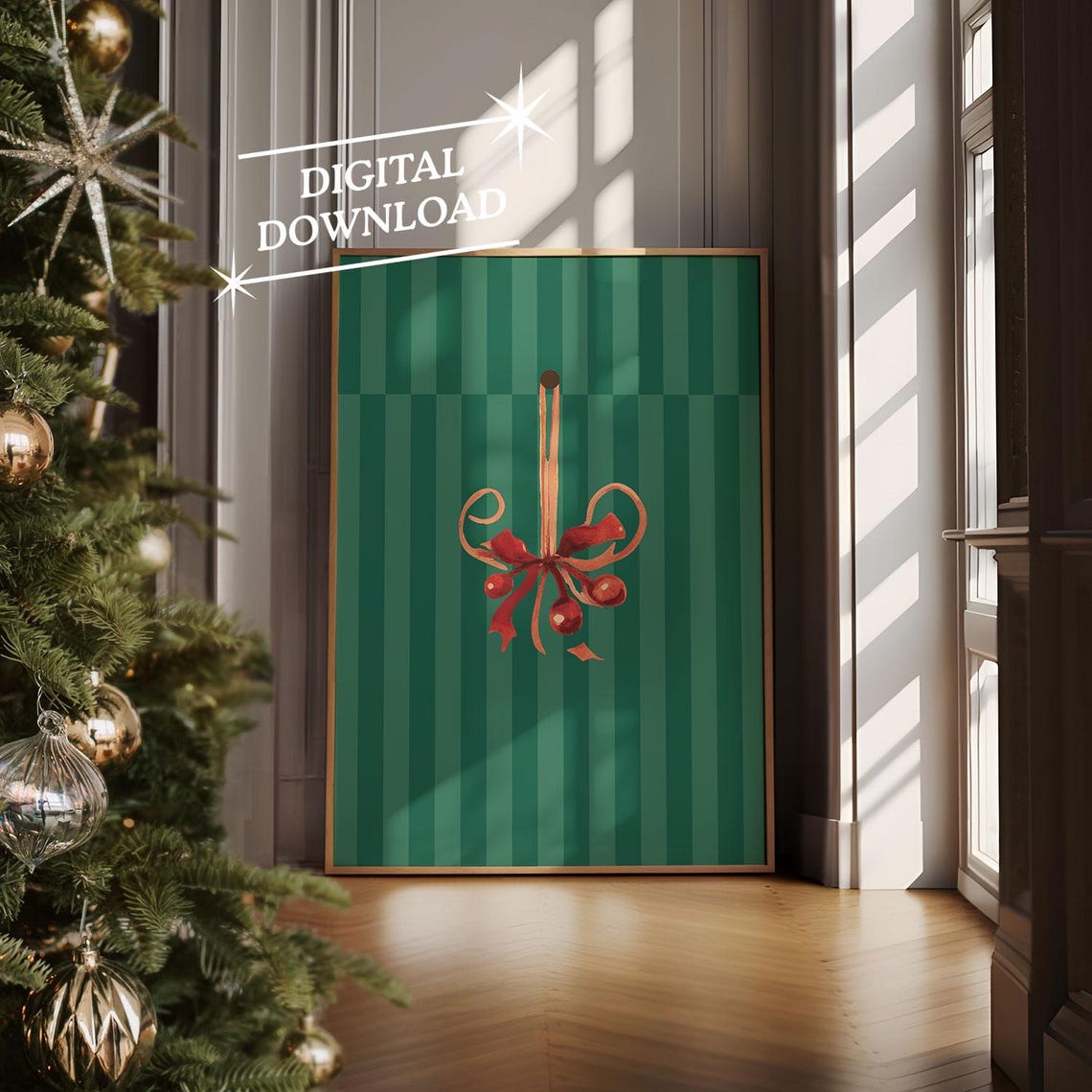 Classic Hanging Christmas Ornament Red Ribbon Green Stripes Poster